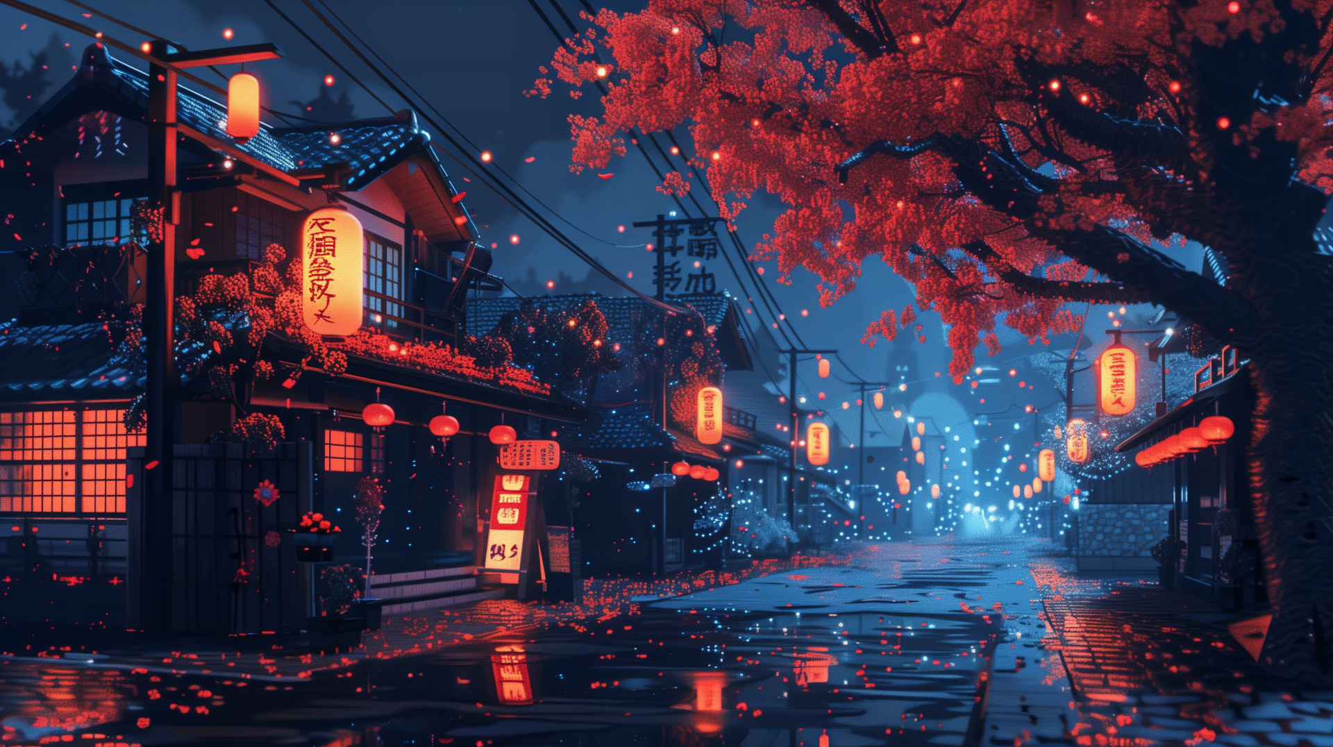 A vibrant nighttime scene in Japan, featuring illuminated traditional buildings, glowing lanterns, and cherry blossoms, capturing the essence of Japan House and AI art in stunning detail.