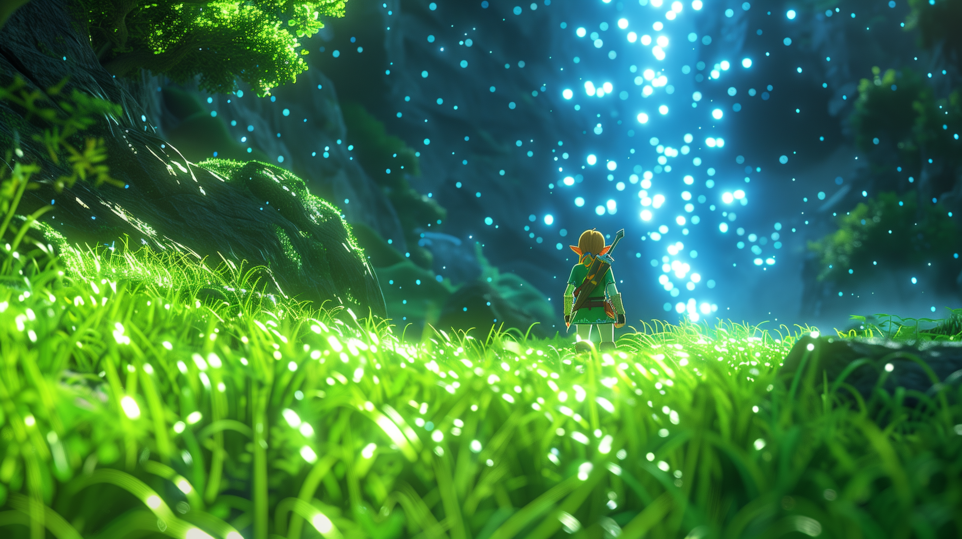 HD PC desktop wallpaper featuring Link from The Legend of Zelda standing in a glowing, magical forest with sparkling blue lights, created with AI art.