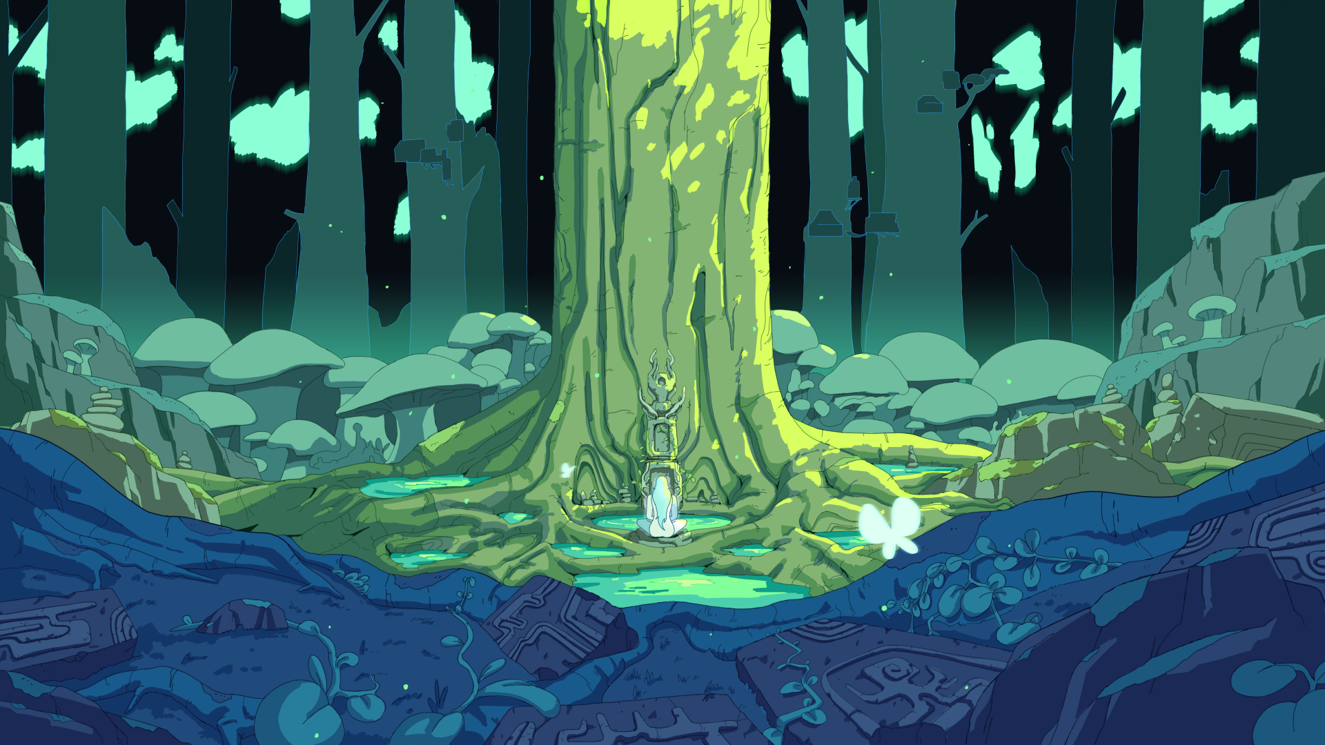 HD desktop wallpaper of a mystical forest scene from the video game Let's! Revolution!, featuring a large, glowing tree at the center surrounded by oversized mushrooms and a magical, blue-tinged environment.