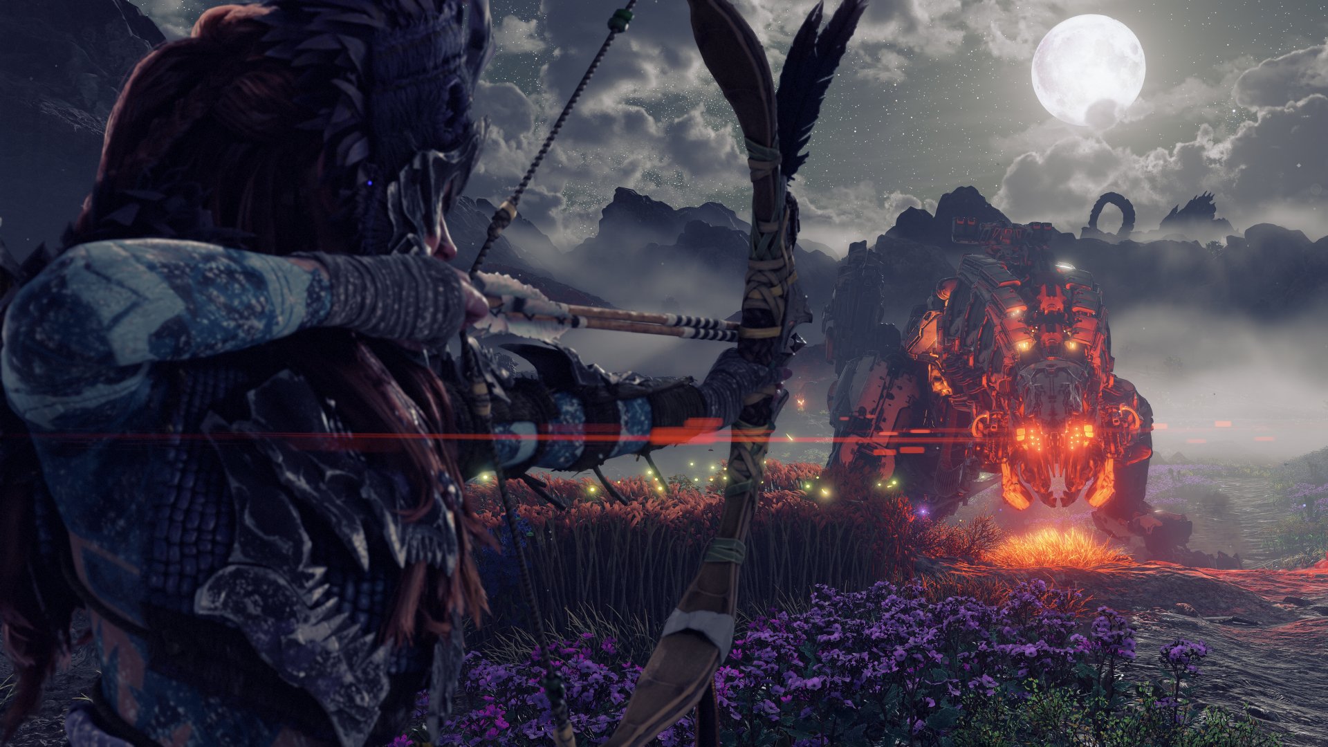 HD wallpaper from the video game Horizon Forbidden West featuring the character Aloy aiming her bow at a robotic creature amidst a scenic backdrop of moonlit skies and a field of purple flowers.
