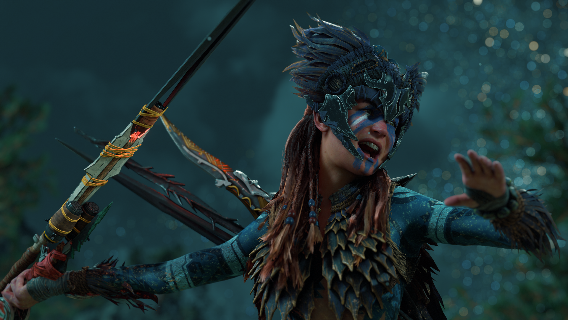 HD desktop wallpaper featuring Aloy from Horizon Forbidden West video game, dressed in intricate armor with a bow, set against a blurred natural background.