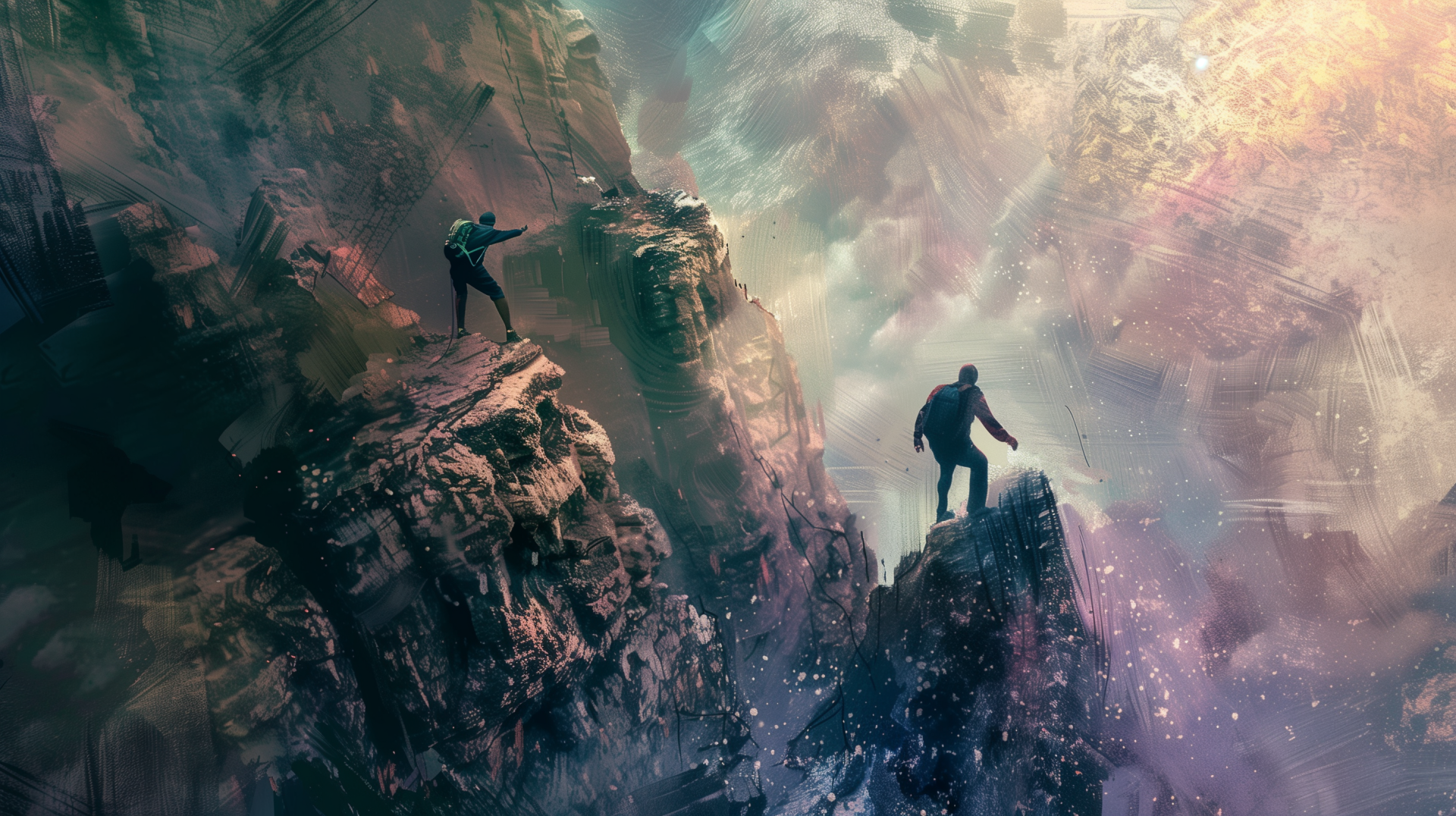 HD desktop wallpaper featuring two climbers navigating across a dramatic, abstract cliff face that blends fantastical colors and textures, highlighting a sense of danger and adventure.