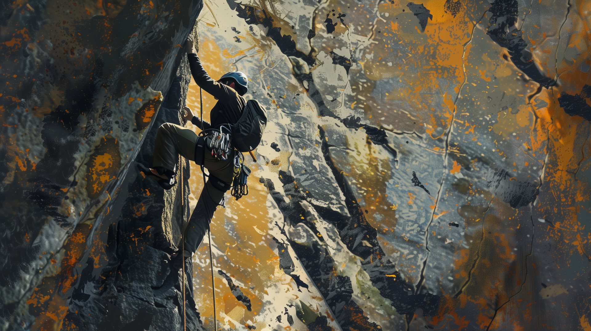 A rock climber in a helmet and harness ascends a steep, textured cliff face with a rope and backpack, depicted in a high-definition desktop wallpaper with vivid orange and gray tones.