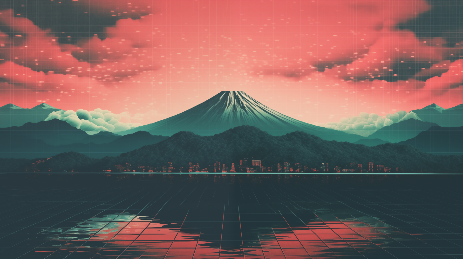 HD desktop wallpaper featuring a stylized rendering of Mount Fuji in Japan with a vibrant pink and teal color scheme, showcasing the iconic mountain against a backdrop of clouds and a reflective foreground.