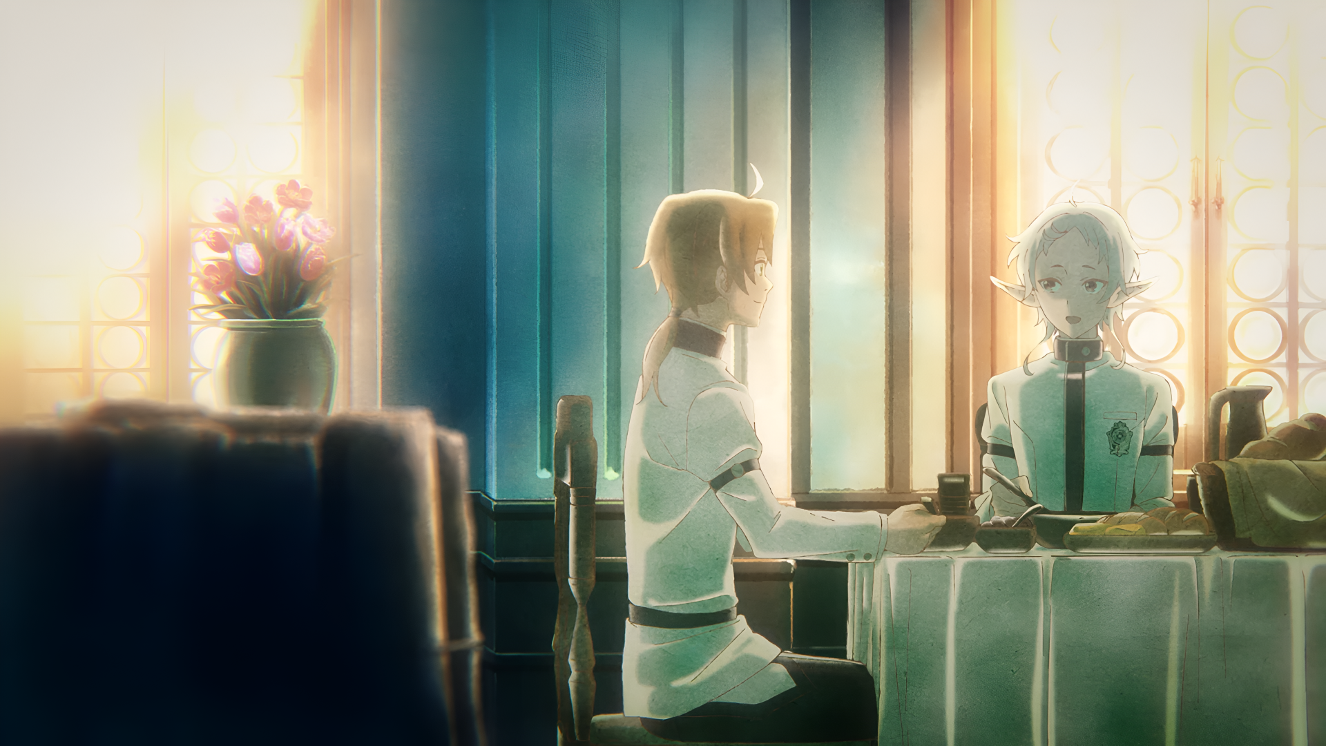 4K Ultra HD anime wallpaper featuring Rudeus Greyrat and Sylphiette from Mushoku Tensei: Jobless Reincarnation sharing a quiet moment by a window-lit table.