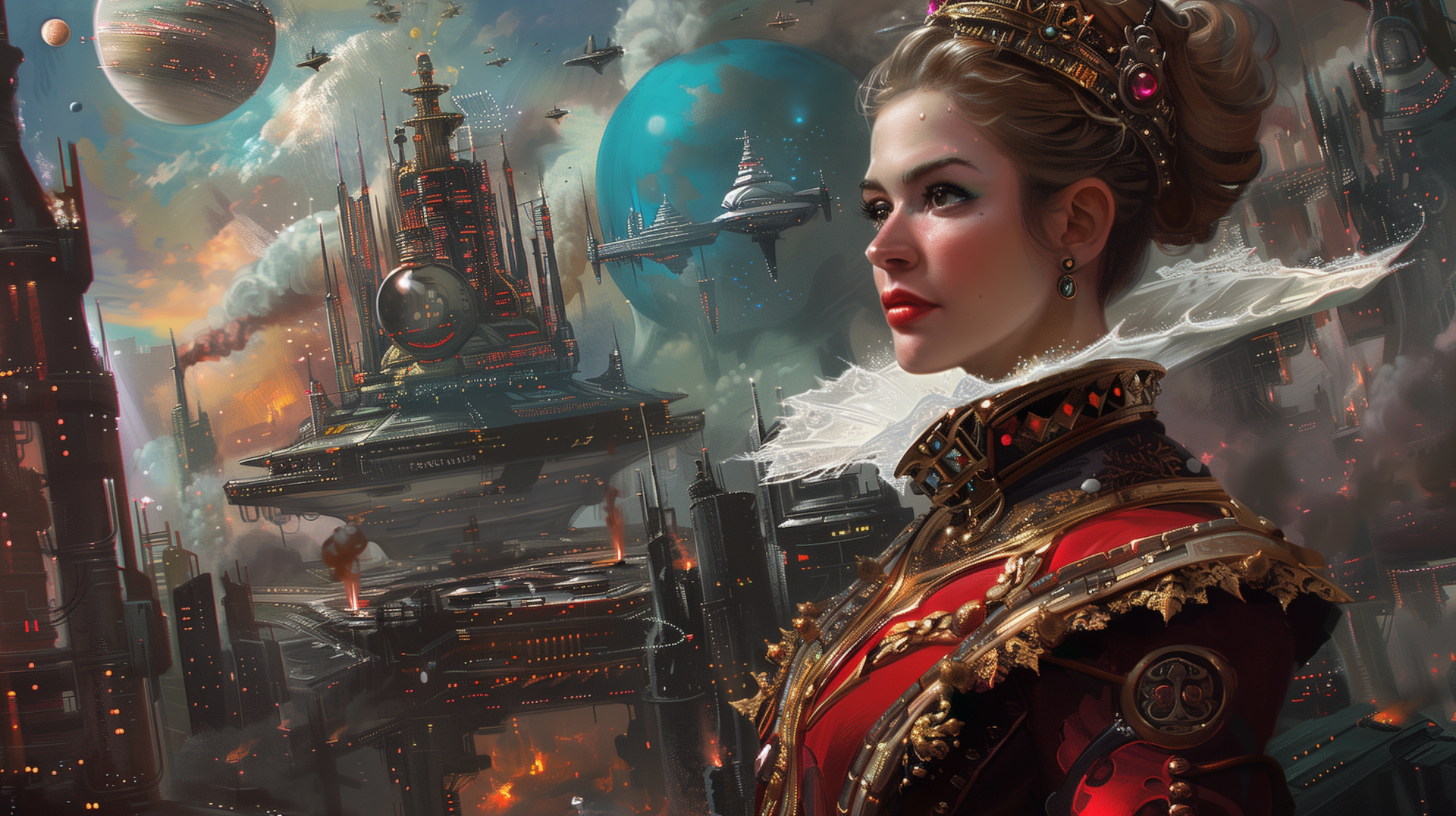 HD desktop wallpaper featuring a regal space queen in elaborate attire, with a futuristic sci-fi cityscape and spaceships in the background.
