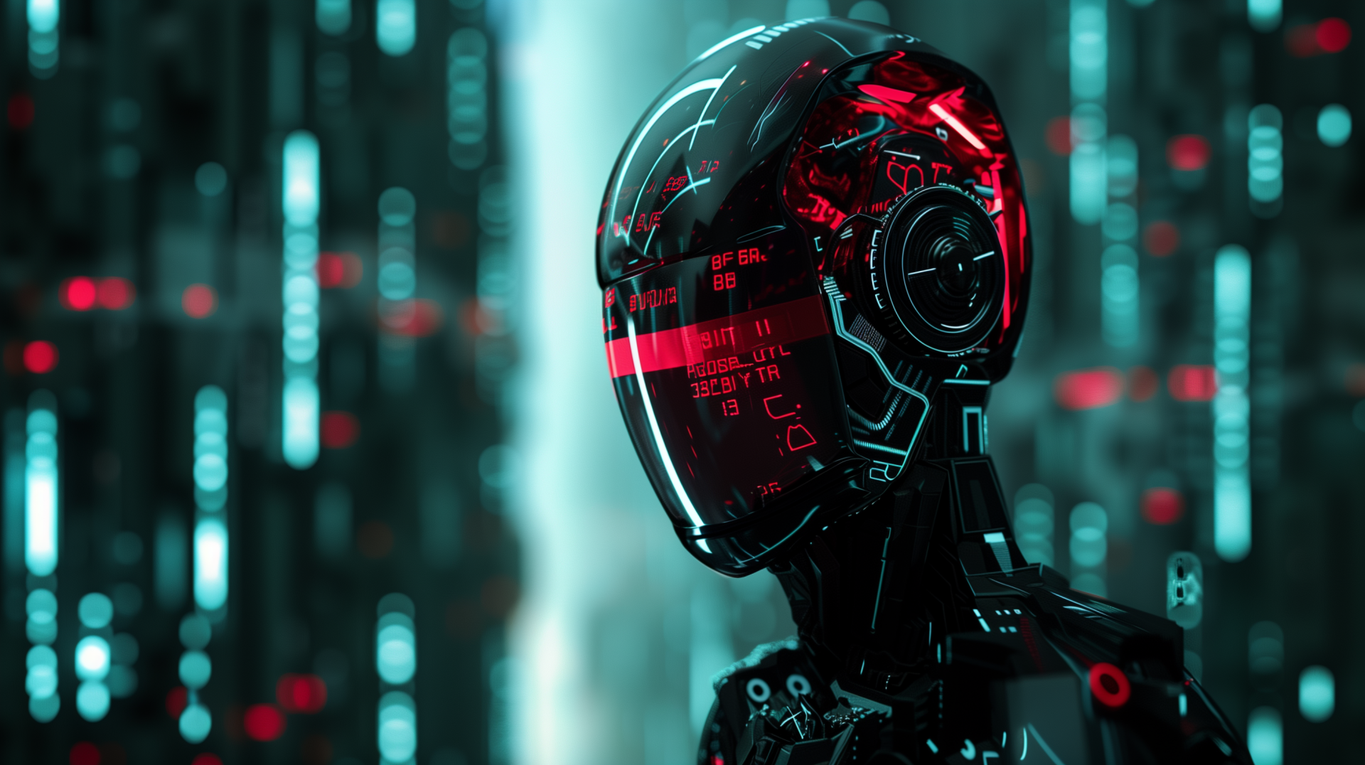 A high-definition desktop wallpaper featuring a cyborg with a reflective black helmet and red illuminated elements, set against a blurred cyberpunk cityscape with digital data overlays and neon lights.