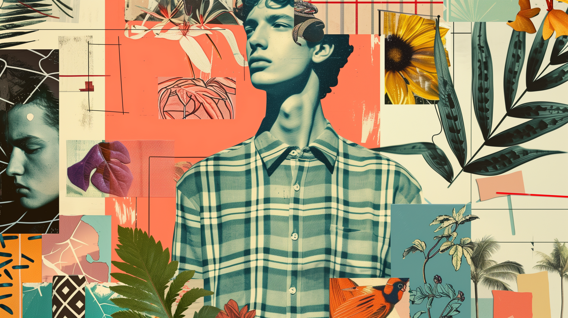 HD desktop wallpaper featuring a collage with y2k and preppy aesthetic elements, including a prominent figure in a plaid shirt surrounded by tropical flora and geometric shapes.