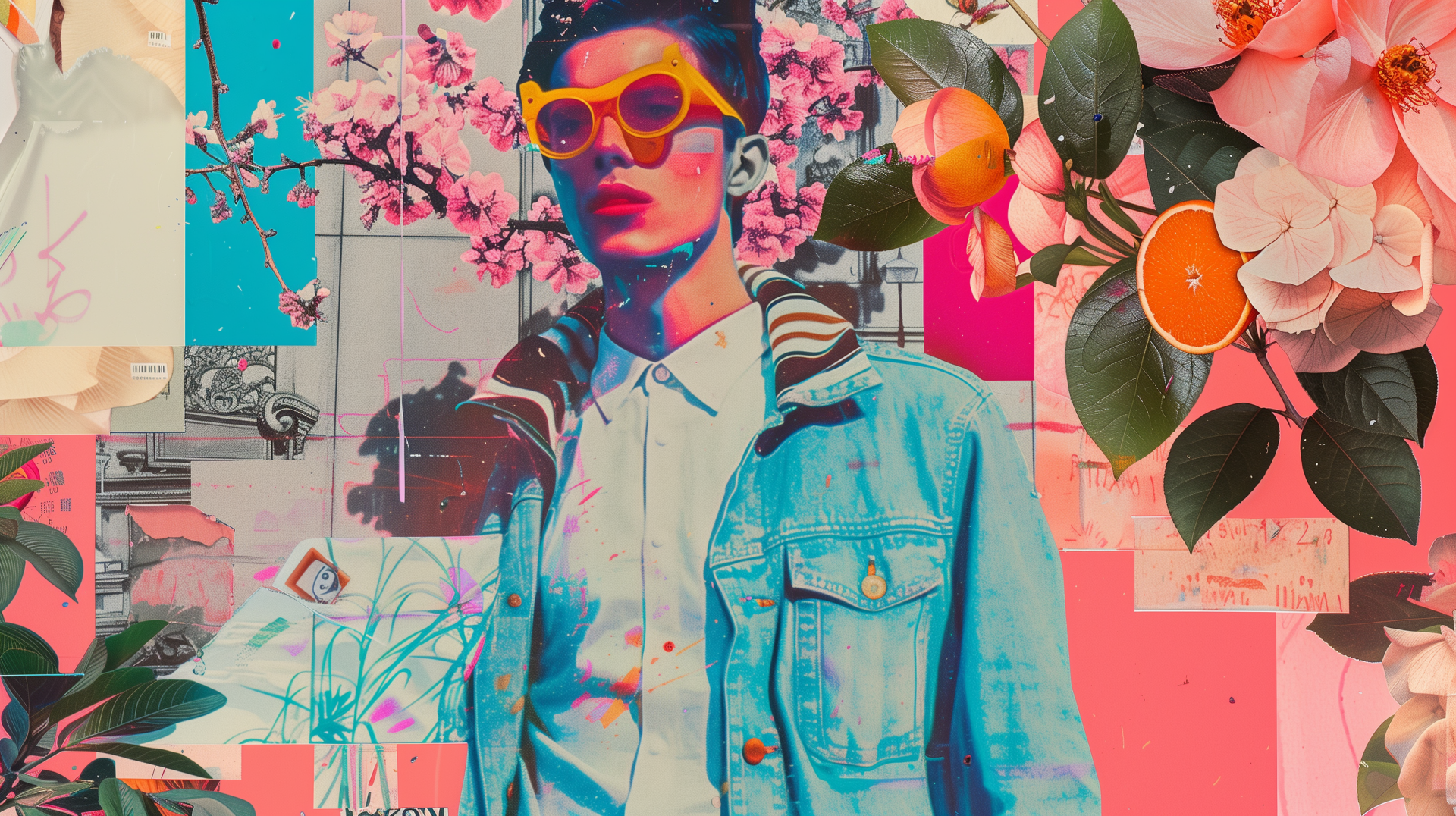 HD desktop wallpaper featuring a y2k preppy style collage with vibrant floral elements and a fashion-forward individual.