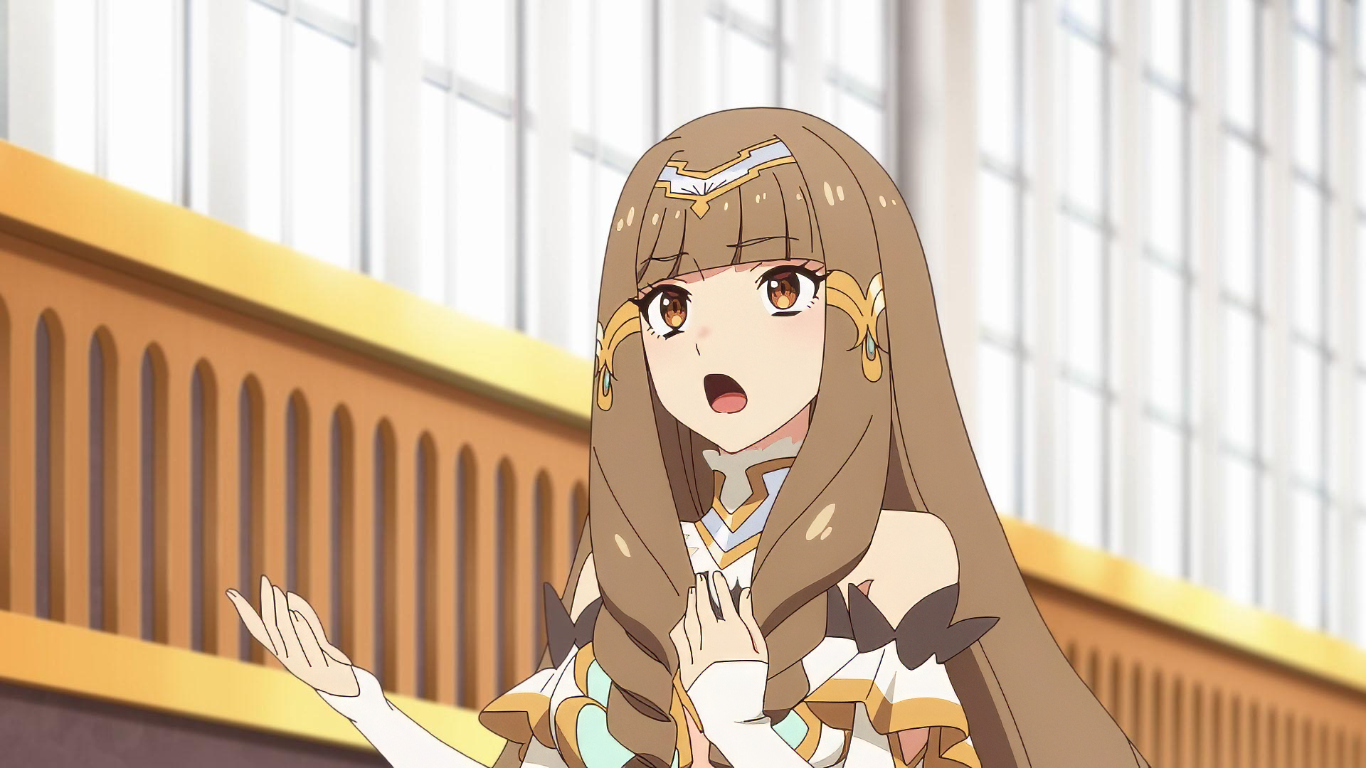 HD anime wallpaper of a surprised female character from Chillin' in Another World with Level 2 Super Cheat Powers.