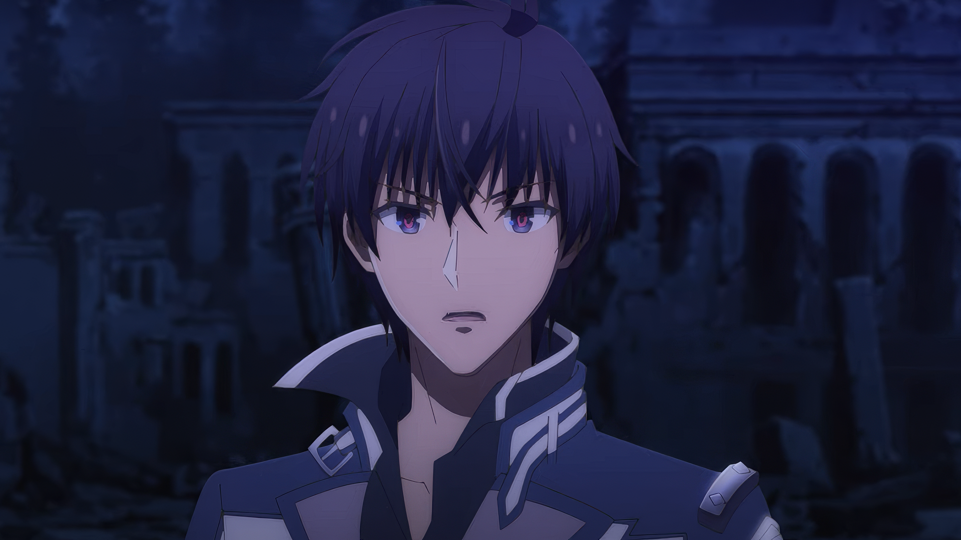 HD wallpaper featuring Anos Voldigoad, the protagonist from The Misfit of Demon King Academy anime, with a serious expression against a dark, ruin-filled background.