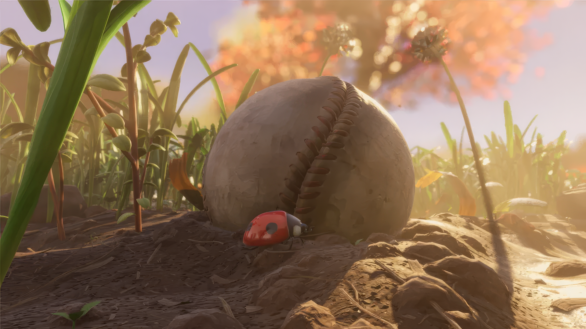HD wallpaper from the video game Grounded depicting a small, red ladybug next to an oversized baseball in a backyard setting with towering grass and plants in the background, giving a bug's-eye view of the world.