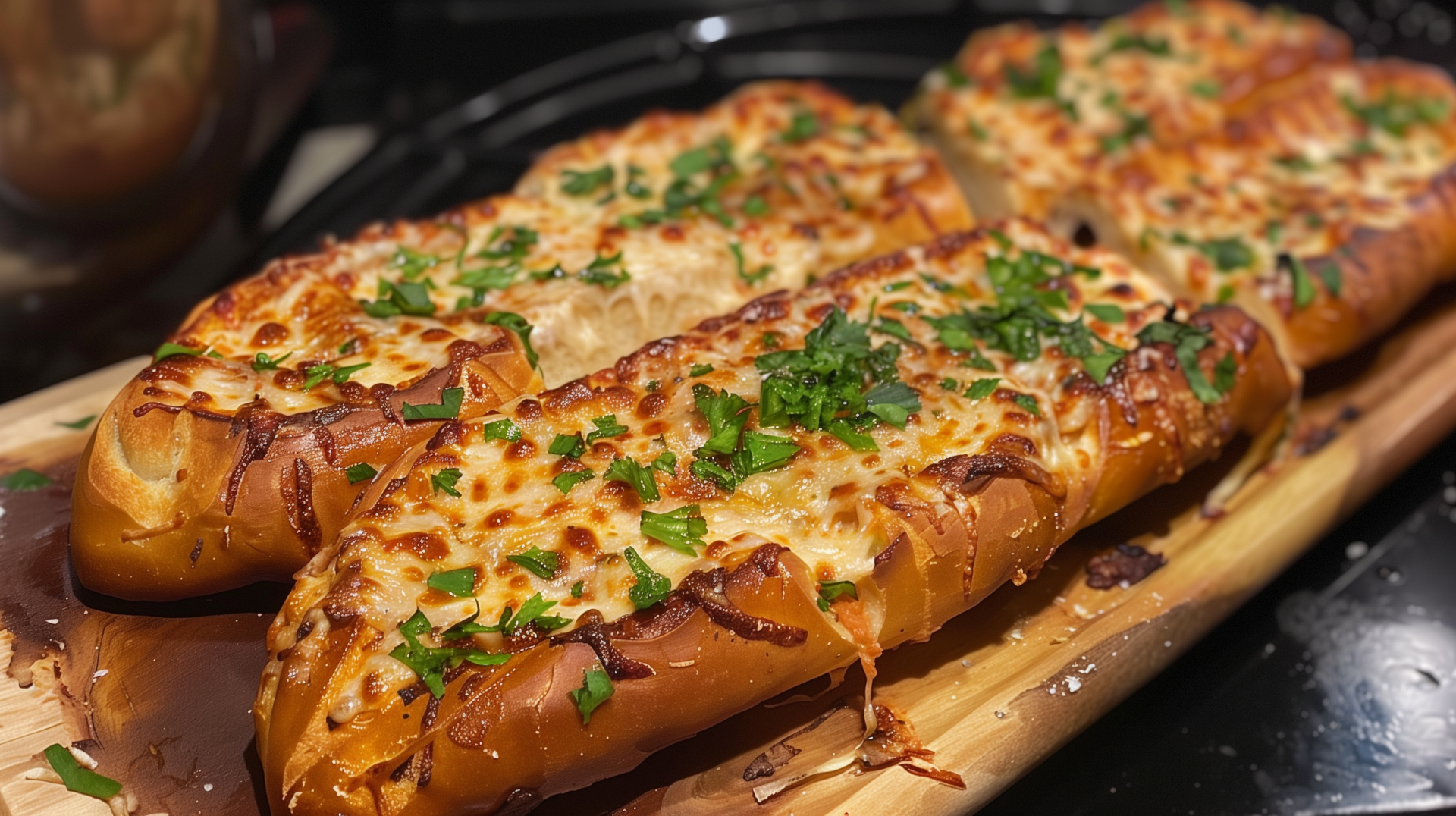 HD desktop wallpaper of delicious-looking garlic bread topped with melted cheese and chopped herbs, served on a wooden board.