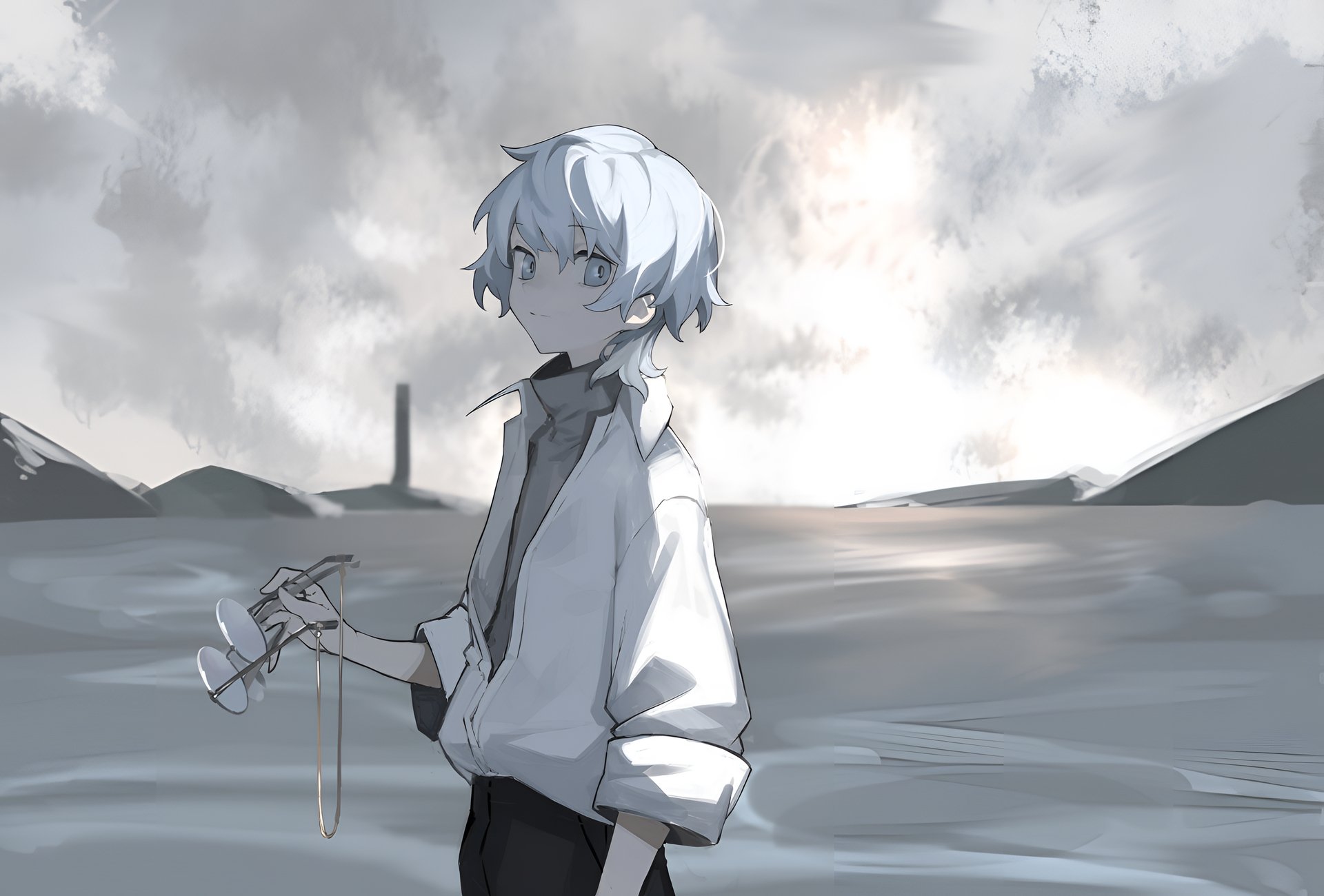 HD wallpaper of an anime character from The New Gate standing in a desolate landscape with cloudy skies in the background.