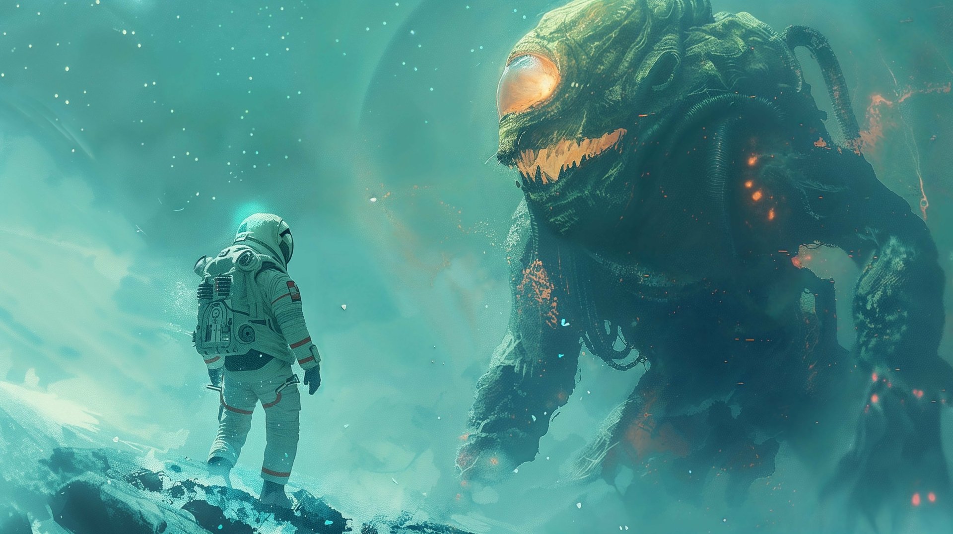 HD desktop wallpaper featuring a scene of an astronaut encountering a giant alien creature in a misty, sci-fi environment.