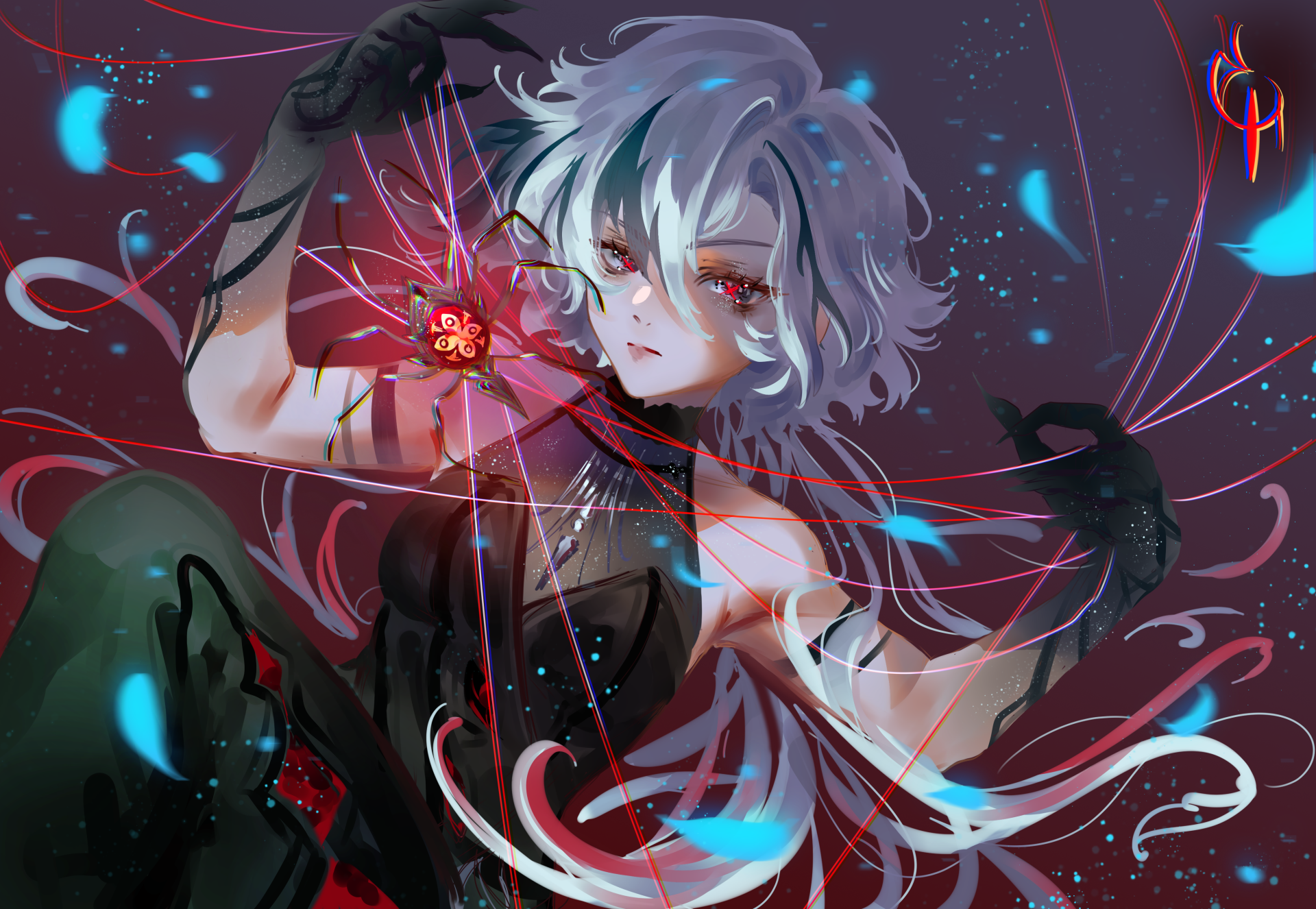 Arlecchino from Genshin Impact in a dynamic pose with red threads and glowing elements, depicted in a detailed 4K Ultra HD PC desktop wallpaper style.