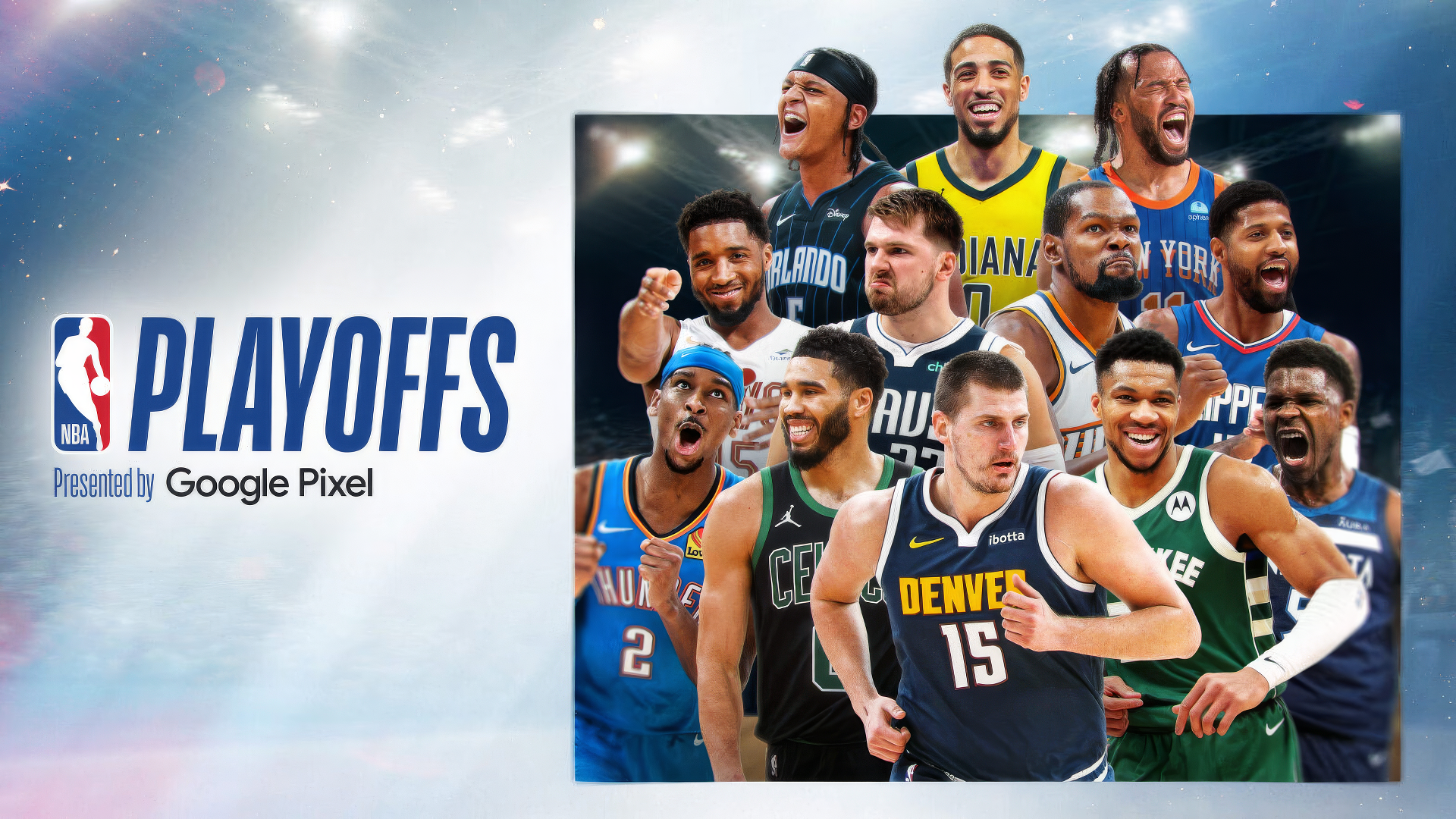 HD desktop wallpaper featuring a dynamic collage of NBA players in action with the text NBA PLAYOFFS prominently displayed, sponsored by Google Pixel.