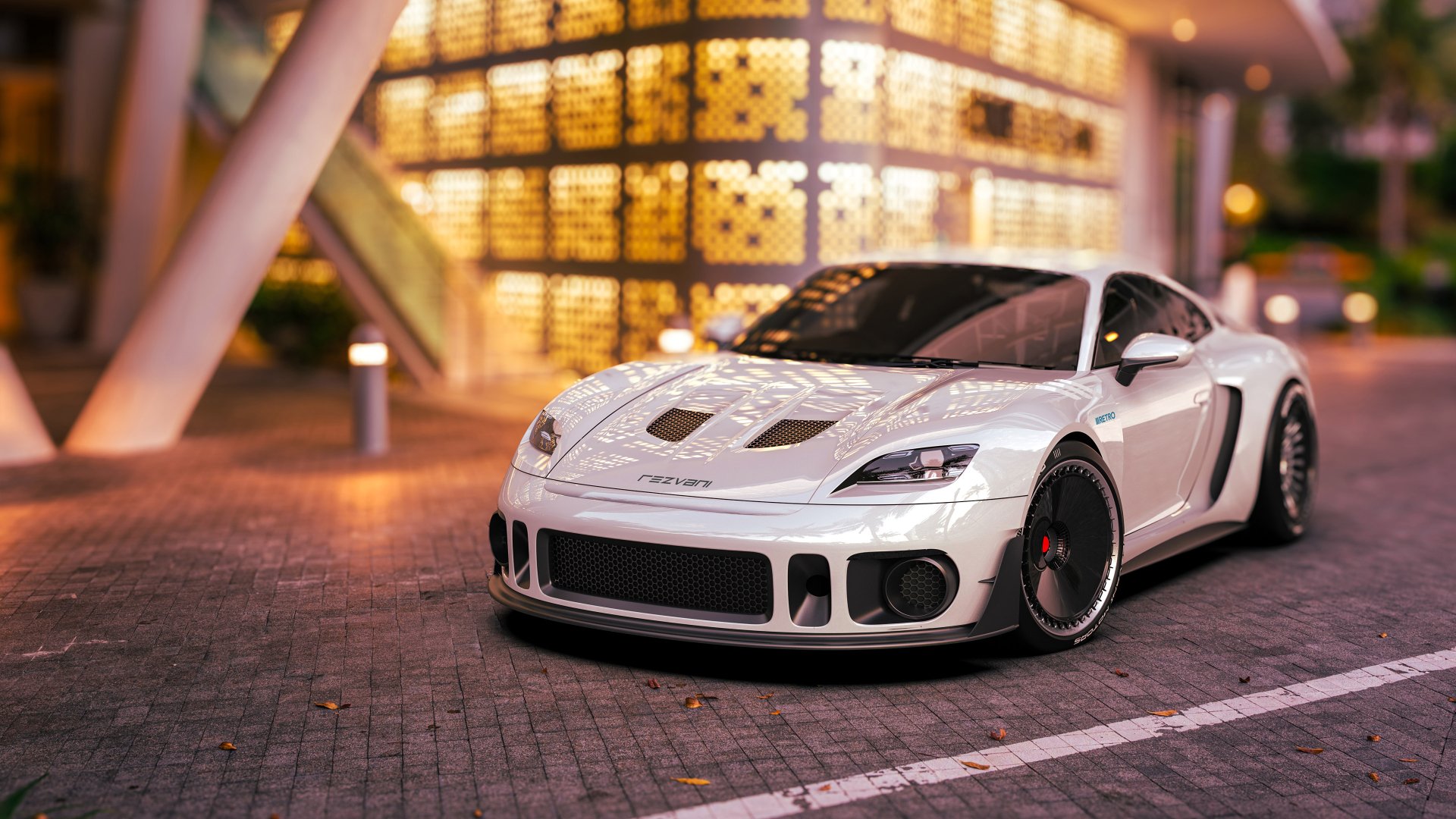A Rezvani Retro RR1 sports car parked on a city street at dusk with a modern building in the background. This is an HD desktop wallpaper.