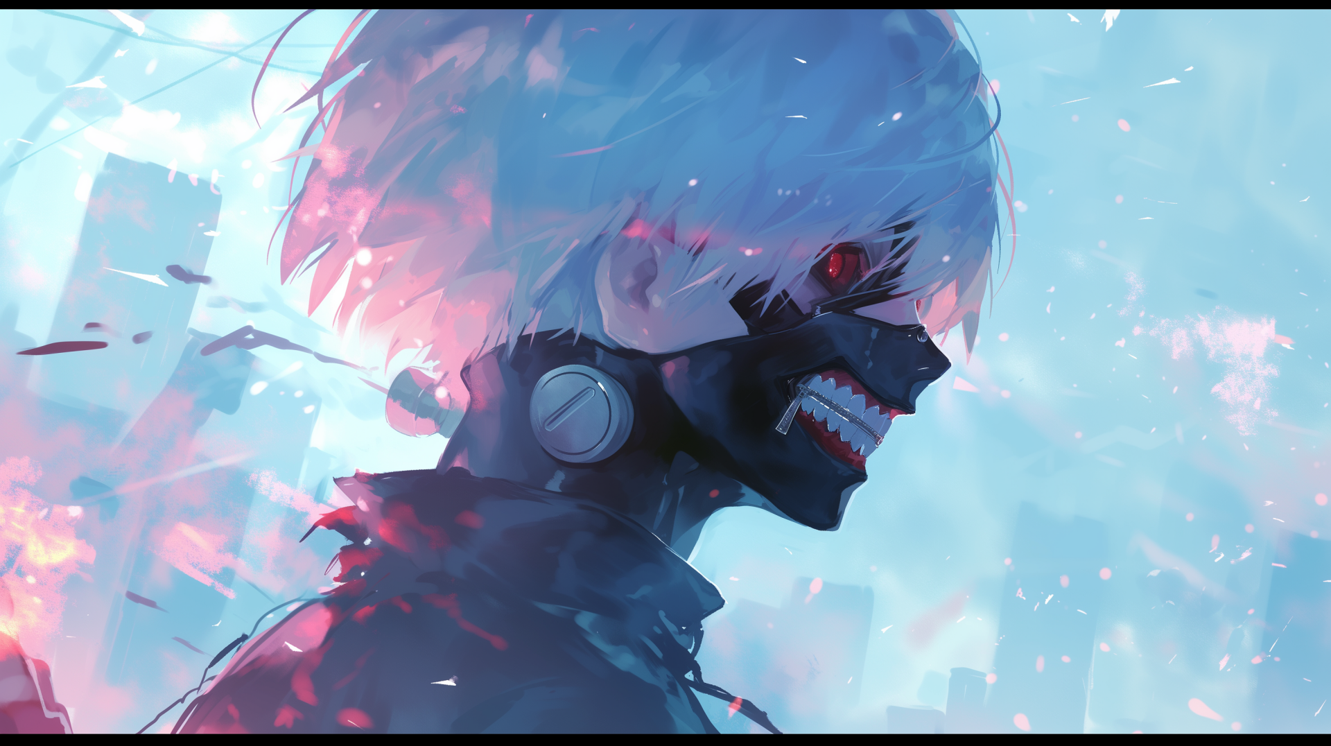 HD desktop wallpaper featuring a stylized depiction of Ken Kaneki from Tokyo Ghoul with a red eye and a mask against a blue-toned background.