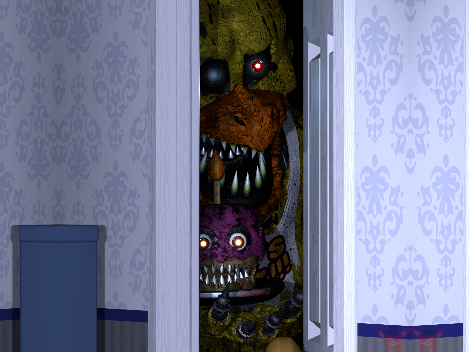 4K Ultra HD Five Nights at Freddy's 4 PC desktop wallpaper featuring creepy animatronics peering through a slightly open door in a dimly lit room.