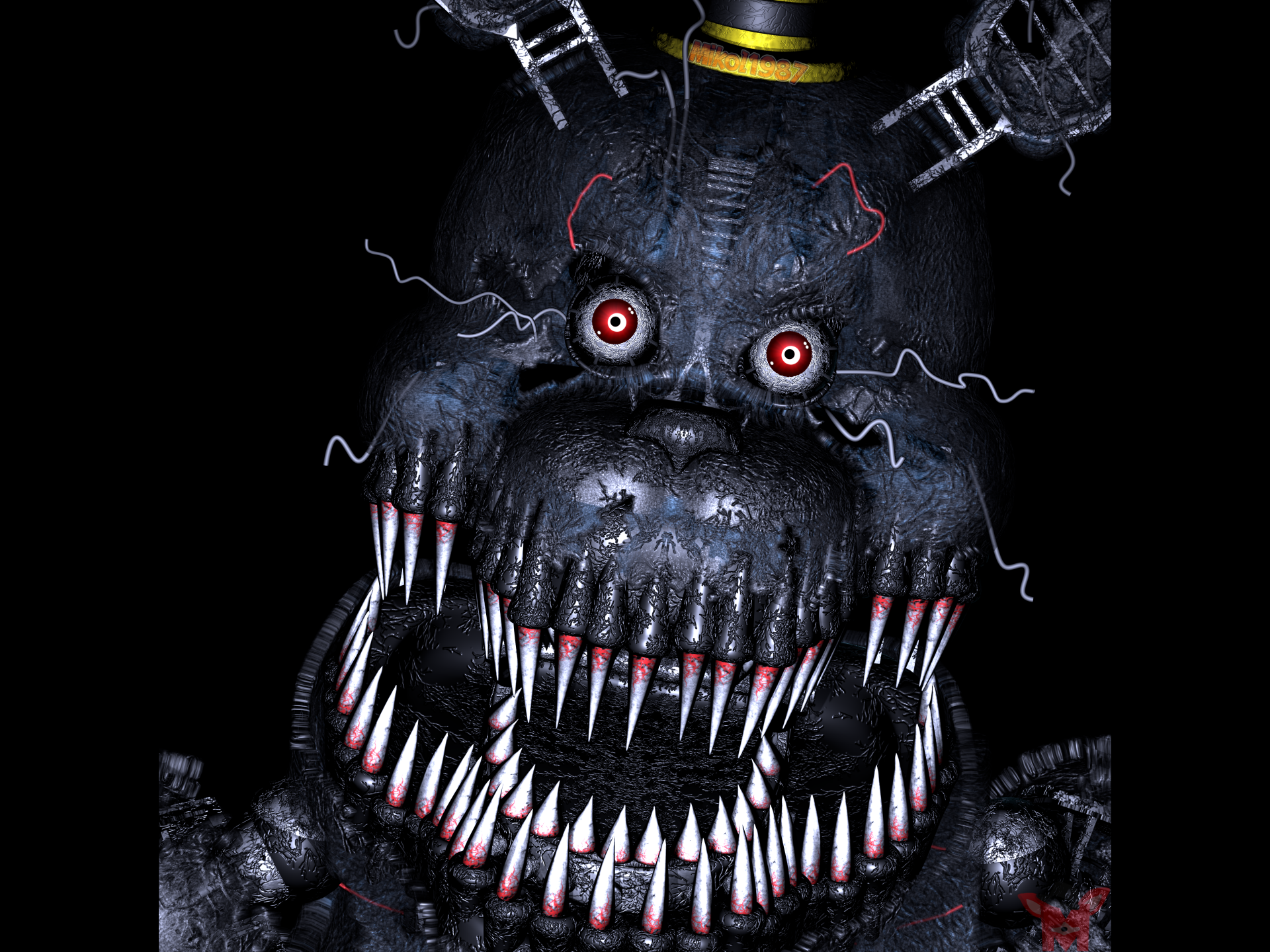 4K Ultra HD PC desktop wallpaper featuring a menacing animatronic from Five Nights at Freddy's 4 with sharp teeth and glowing red eyes in a dark setting.