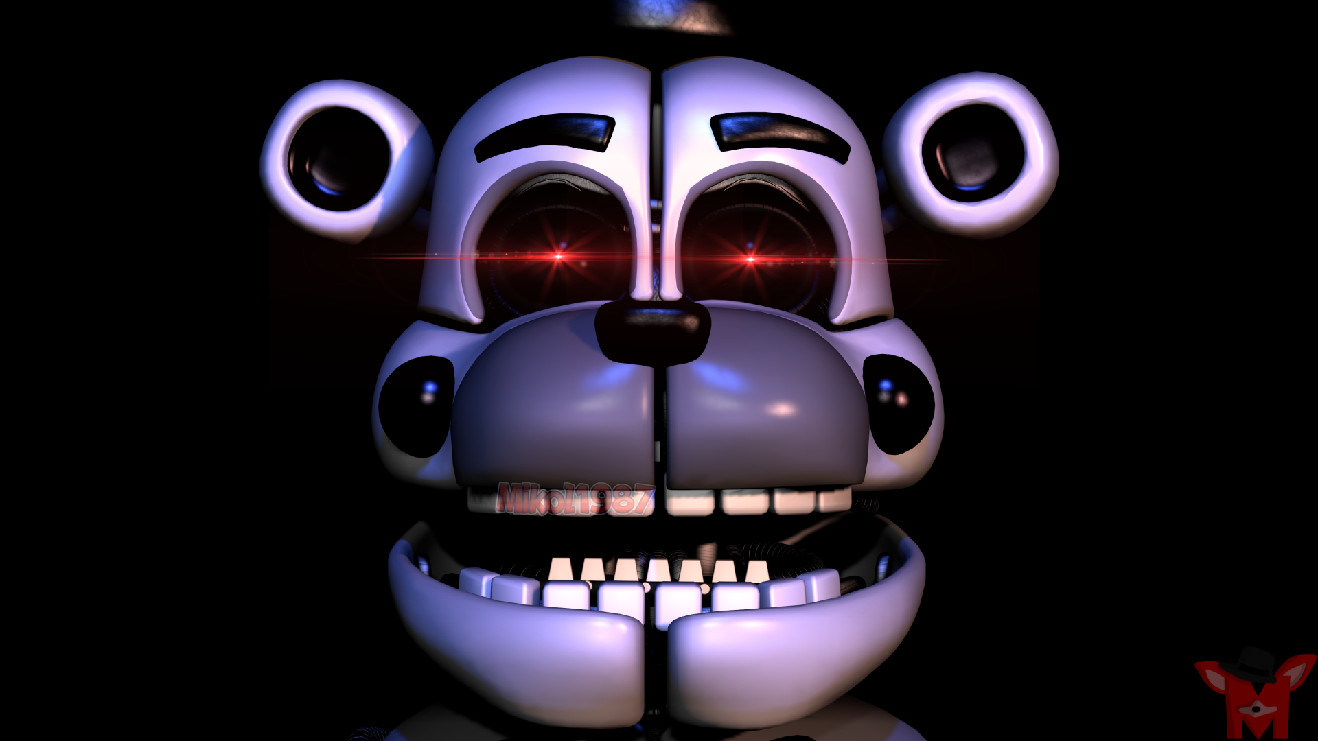 Close-up of an animatronic with red glowing eyes from Five Nights at Freddy's: Sister Location (Five Nights at Freddy's), grinning in darkness — 4K Ultra HD PC desktop wallpaper/background.