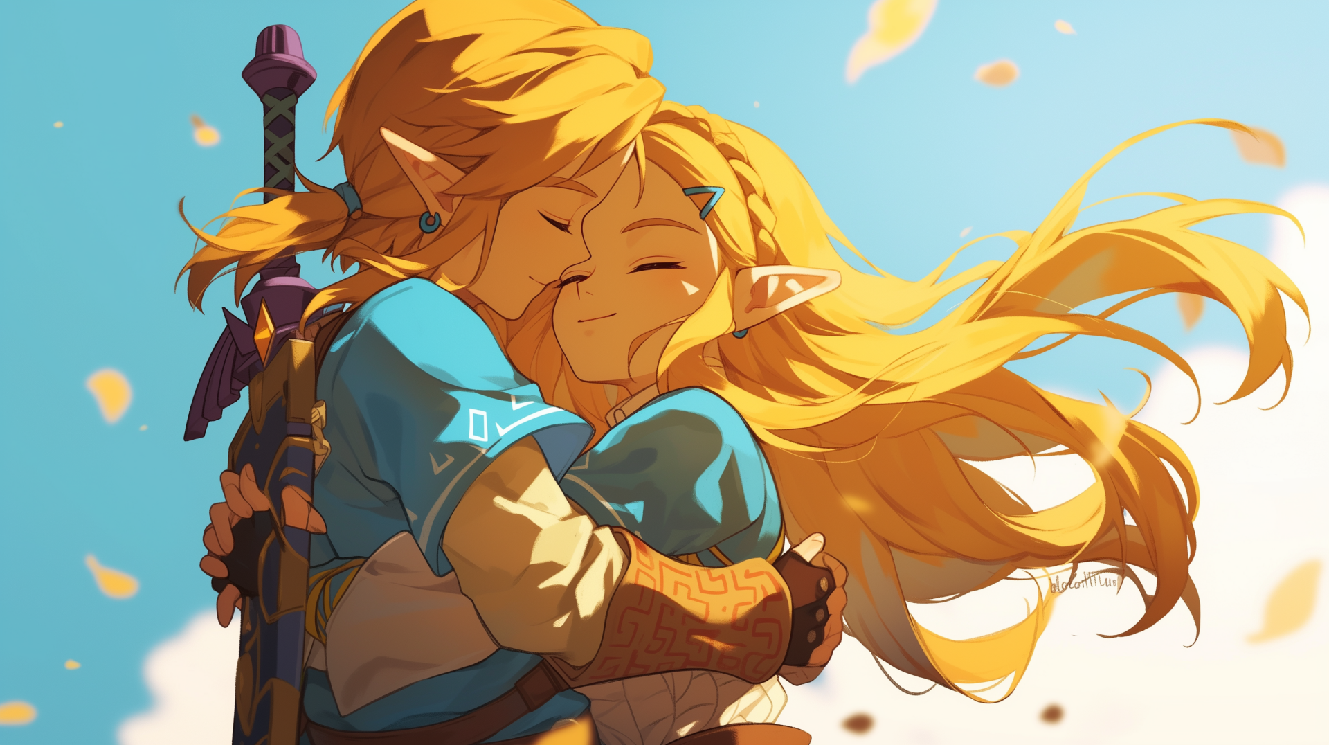 HD desktop wallpaper featuring Link and Zelda embracing, with a warm, whimsical backdrop from The Legend of Zelda series.