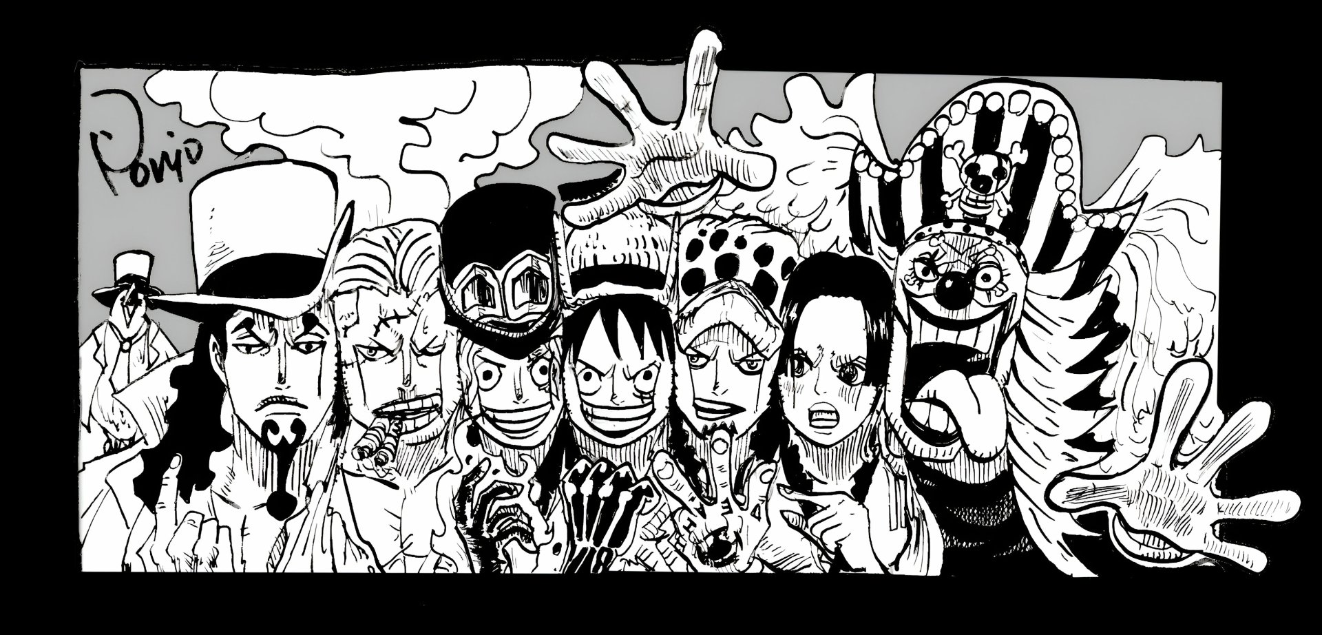 HD PC desktop wallpaper featuring black-and-white anime-style illustration of One Piece characters lined up with dynamic expressions and poses.