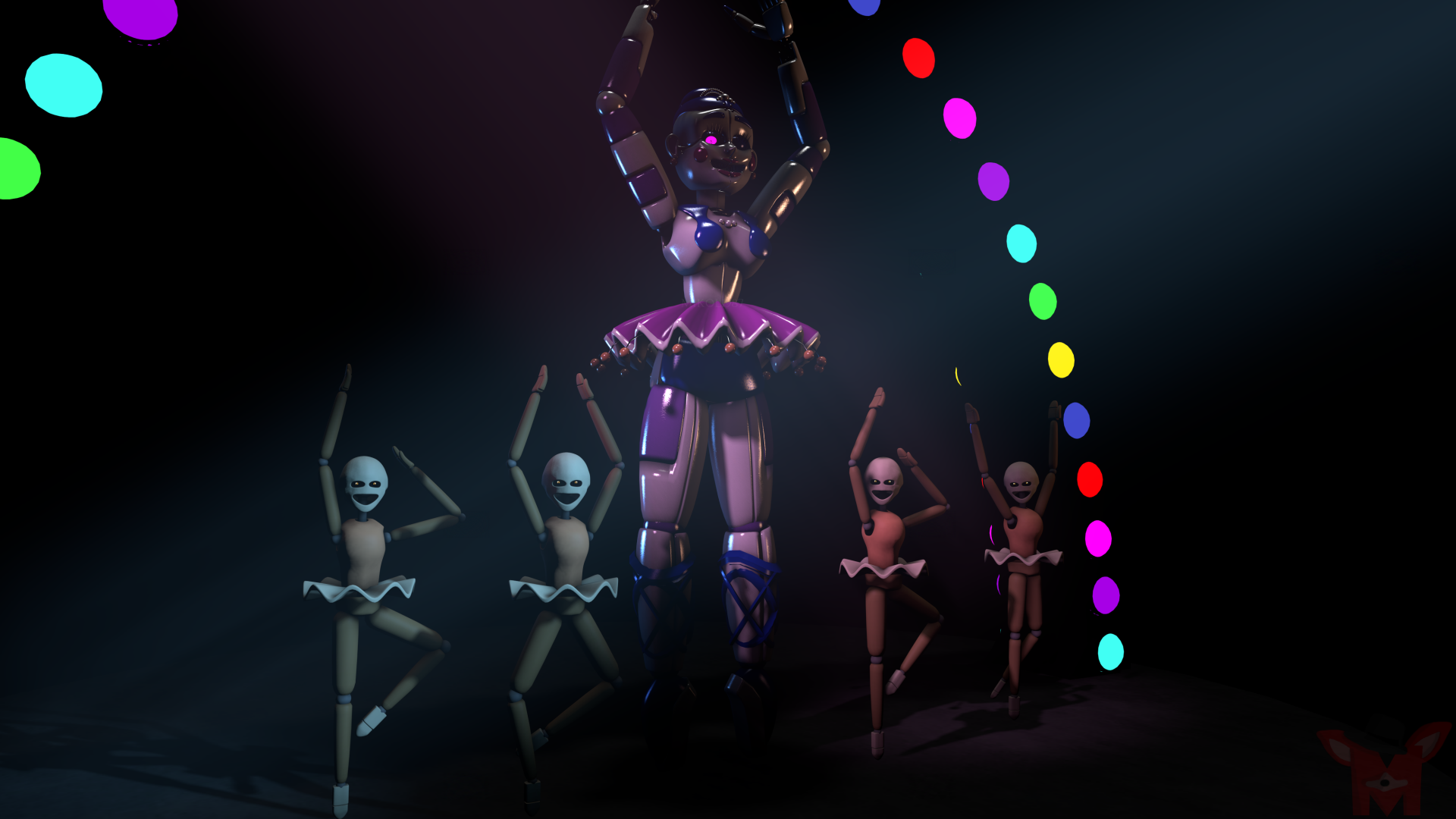 4K Ultra HD wallpaper featuring animatronic ballerinas from Five Nights at Freddy's: Sister Location in a dark, theatrical setting with colorful spotlights.