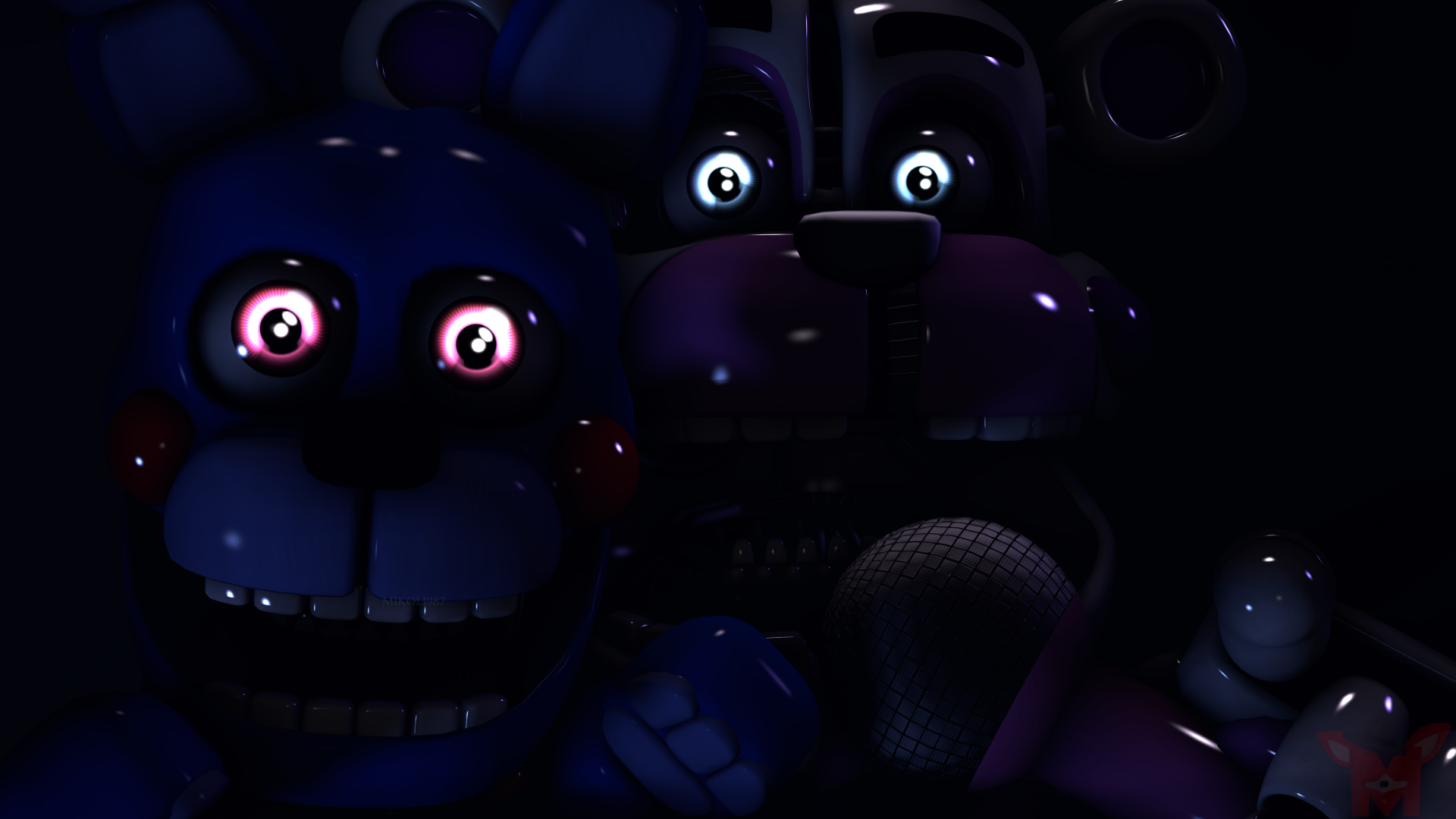 Dark, eerie close-up of animatronics from Five Nights at Freddy's: Sister Location, featured in a 4K Ultra HD PC desktop wallpaper and background.