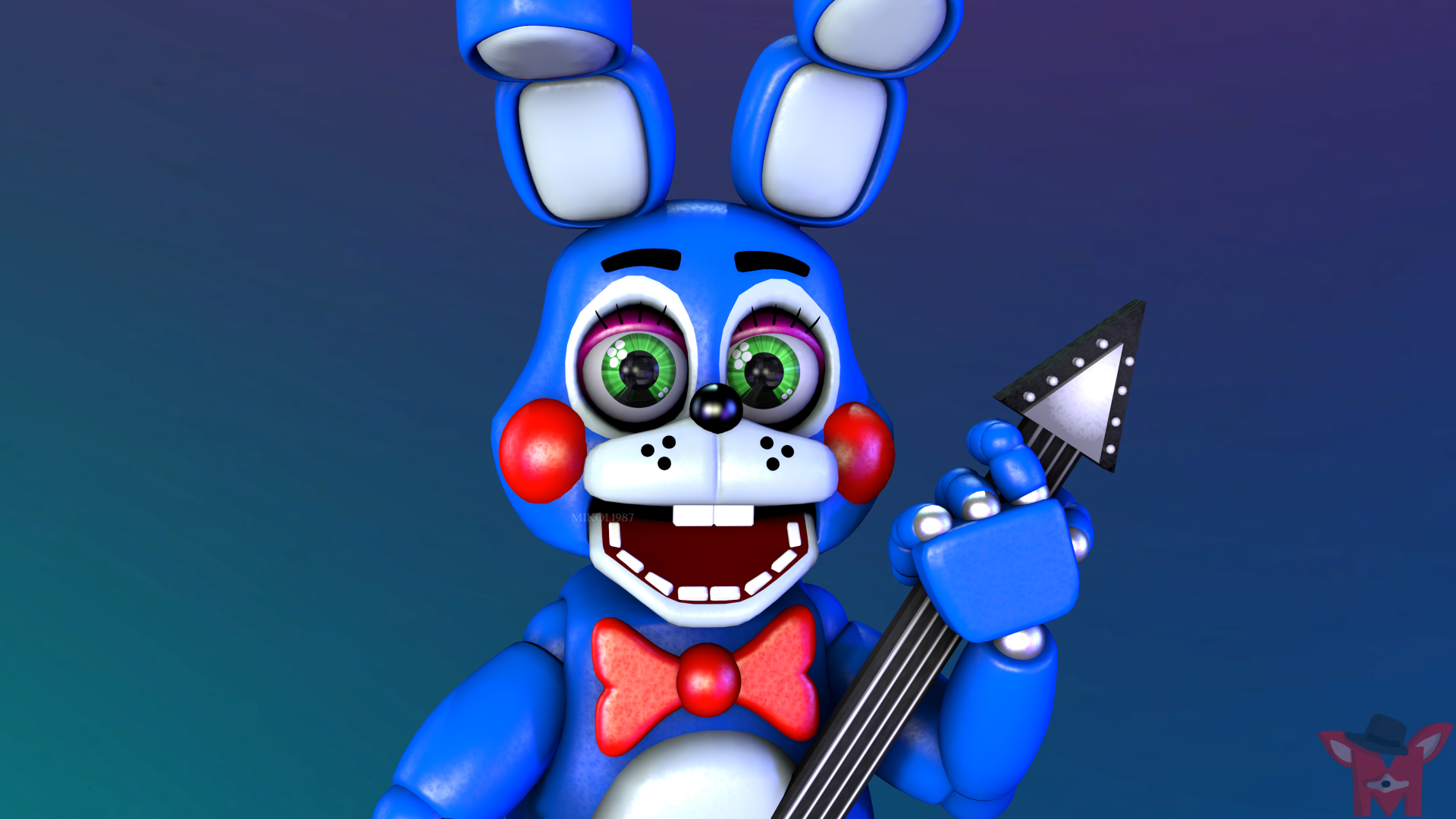 4K Ultra HD PC desktop wallpaper featuring a vibrant blue animatronic from Five Nights at Freddy's 2, holding a guitar with a dark blue background.