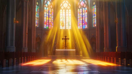 A stunning church interior, featuring intricate stained glass windows and beams of light illuminating the altar, embodying a serene atmosphere of faith and architectural beauty.