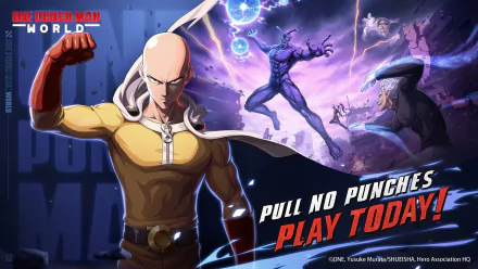 One Punch Man World video game HD wallpaper featuring the bald superhero protagonist in a dynamic pose with the tagline 'Pull No Punches - Play Today!'