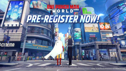 HD desktop wallpaper featuring 'One Punch Man World' video game promotion with a character standing in a vibrant cityscape, inviting users to pre-register now.