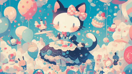 HD desktop wallpaper featuring Hello Kitty in a whimsical Sanrio-themed setting with balloons and sweets.