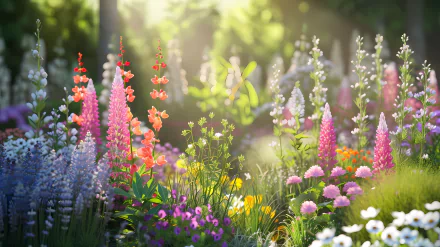 A vibrant garden filled with wildflowers in various colors, illuminated by sunlight, creating a stunning HD desktop wallpaper and background.