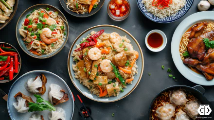 A vibrant assortment of delectable Chinese dishes, including shrimp, noodles, and rice, beautifully arranged as an HD desktop wallpaper and background.
