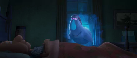 HD desktop wallpaper featuring a scene from the movie Orion and the Dark with a child in bed and the character Orion appearing at the window.