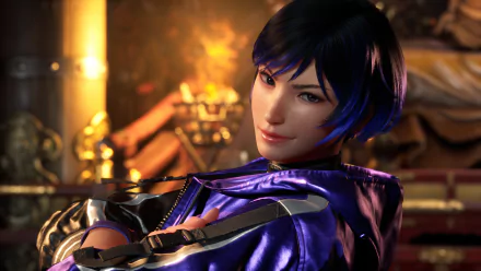 HD wallpaper featuring Reina from Tekken 8, posing with a confident smile in a dynamic setting with a fiery background.