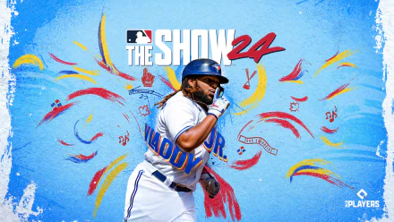 HD desktop wallpaper featuring MLB The Show 24 video game with a dynamic baseball player in action against an artistic blue background.