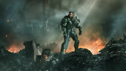 HD wallpaper featuring Master Chief from the Halo TV show, poised in a battle-ready stance amid a war-torn landscape.