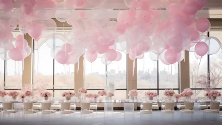 A elegantly decorated bridal shower setting featuring pink balloons and floral centerpieces, with large windows providing a scenic view. This image serves as a beautiful HD wallpaper and background.