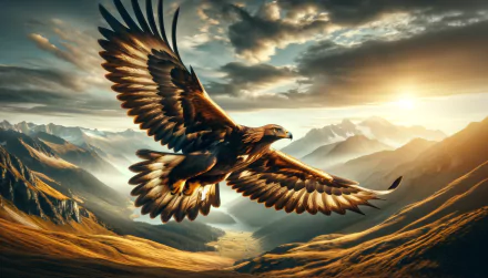 Majestic eagle soaring over scenic mountains at sunset, HD wallpaper and desktop background.