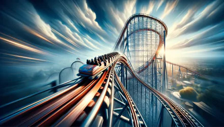 A thrilling roller coaster soars through a dramatic sky, capturing the excitement of amusement parks in this vibrant HD desktop wallpaper.