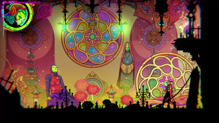 Alt Text: HD desktop wallpaper featuring a vibrant and colorful video game scene with intricate patterns and whimsical designs reminiscent of the character Ultros.