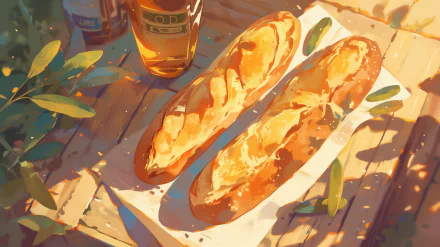 A vibrant HD desktop wallpaper featuring two golden baguettes on a rustic table, accompanied by a bottle of beer and lush greenery, creating a warm, inviting atmosphere.