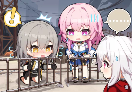 HD PC wallpaper of Clara, March 7th, and Stelle from Honkai: Star Rail — chibi trio with pastel colors and playful expressions behind a fence.