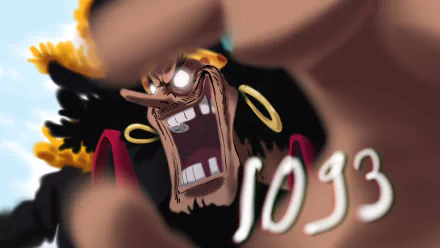 HD PC desktop wallpaper: One Piece's Marshall D. Teach (Blackbeard) grinning wildly, reaching forward in dramatic foreshortening, wearing a dark coat and gold hoop earrings.