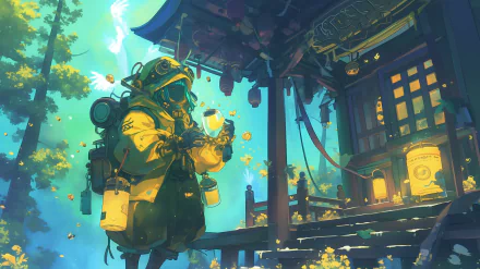 Anime-style HD desktop wallpaper depicting a beekeeper with bees and traditional Japanese architecture in the background.
