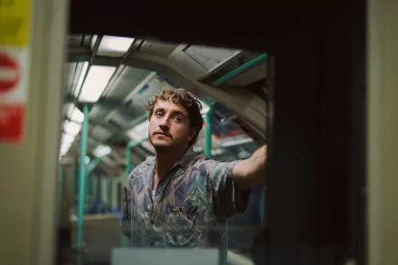 Man gazing through a train window in a still shot from 'All of Us Are Strangers' movie, available as an HD desktop wallpaper and background.